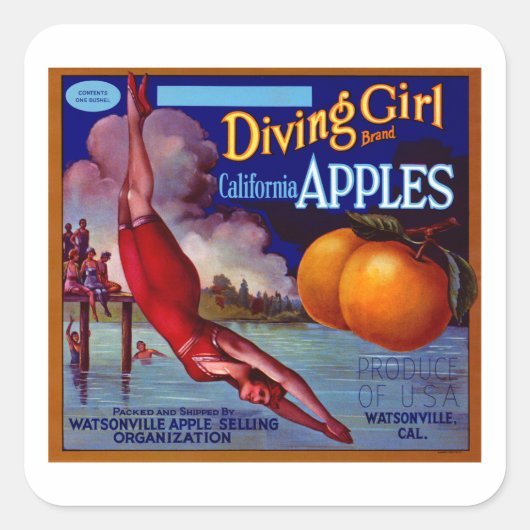 Diving Girl California Apples Vierkante Sticker (Voorkant)