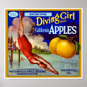 Diving Girl Merk Californië Appels Fruitkrat La Poster