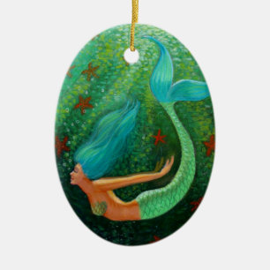 Diving Mermaid Fantasy Art Oval Kerstversiering Keramisch Ornament