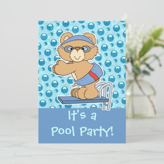 Diving Teddy Bear Pool Party Invite Kaart (Staand voorkant)