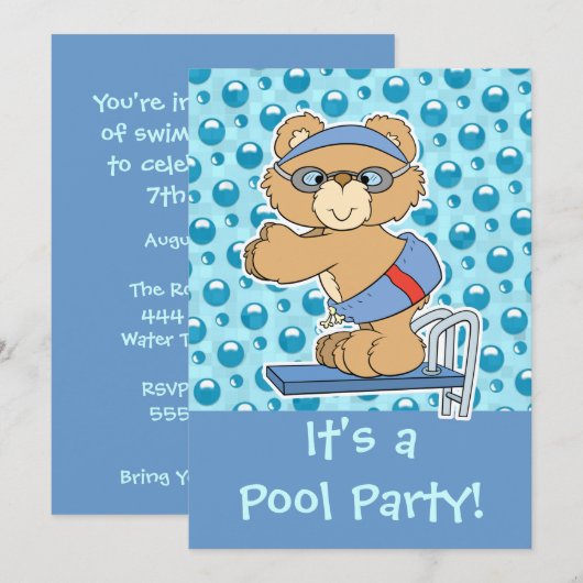 Diving Teddy Bear Pool Party Invite Kaart (Voorkant / Achterkant)