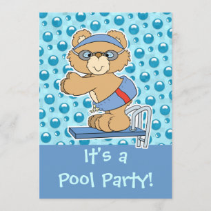 Diving Teddy Bear Pool Party Invite Kaart