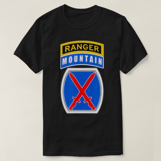Divisie 10th Mountain (MTN) Patch met Ranger Tab T-shirt (Design voorkant)