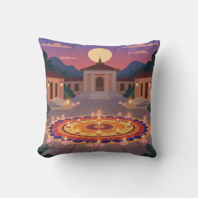 Diwali 2025 Throw Pillow – Rangoli & Diya Home Dec Kussen (Voorkant)