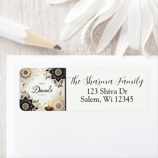 Diwali Adreslabel met Elegante Bloemen & Diya Etiket (Insitu)