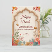 Diwali Beige Bloemboog Lamp Diya's Groet Kaart (Staand voorkant)