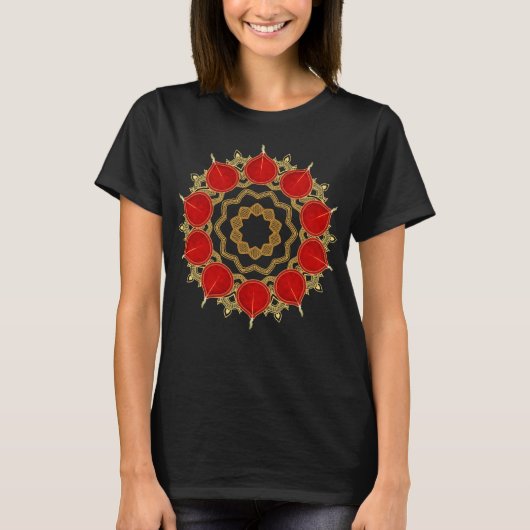 Diwali Burnt Oranje Diyas over Gold Mandala T-shirt (Voorkant)