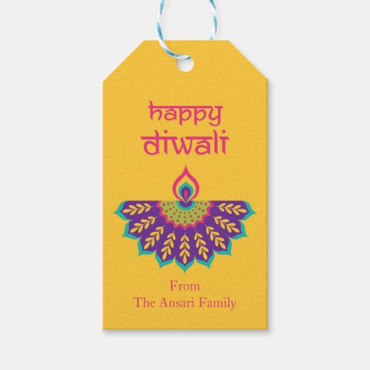 Diwali Cadeau Label met Diya Illustratie in Geel Cadeaulabel (Voorkant)