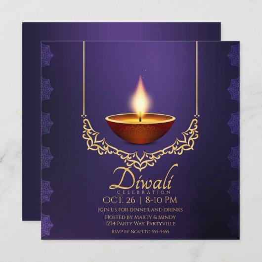 Diwali Deep Paarse Diya Gold Trim Kaart (Voorkant / Achterkant)