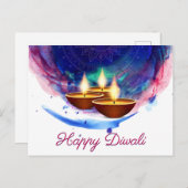 Diwali Diyas Blue Paint Wash Briefkaart (Voorkant / Achterkant)