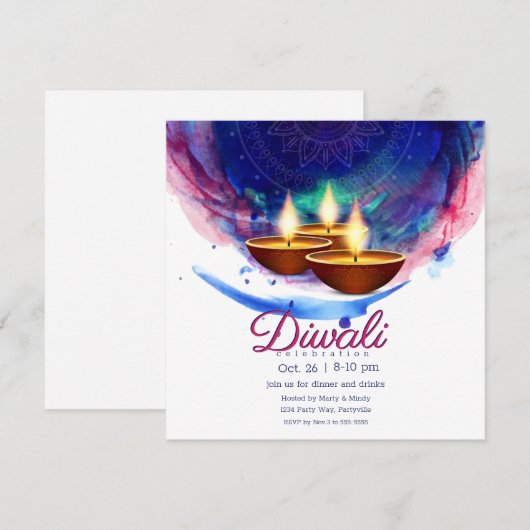 Diwali Diyas Blue Paint Wash Kaart (Voorkant / Achterkant)