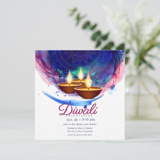 Diwali Diyas Blue Paint Wash Kaart (Staand voorkant)