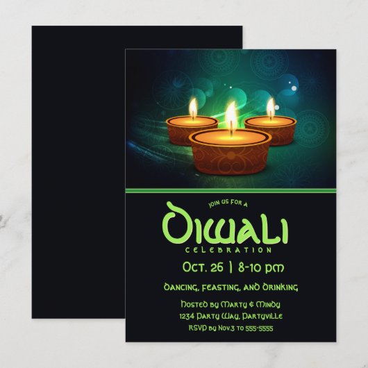 Diwali Diya's met Blauwe en Teal Kaart (Voorkant / Achterkant)