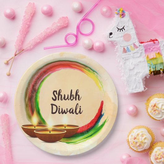 Diwali Diyas Waterverf Circle Papieren Bordje (Feest)