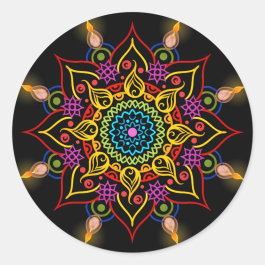 Diwali flower Rangoli met olielampen Ronde Sticker (Voorkant)