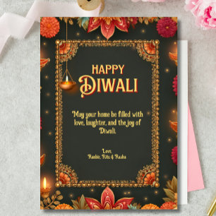 Diwali Green Gold Lamps Floral  Border Kaart