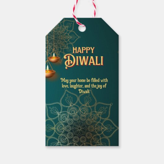 Diwali Groene Gouden Lampen Mandala Gepersonalisee Cadeaulabel (Voorkant)