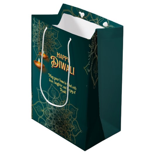 Diwali Groene Gouden Lampen Mandala Gepersonalisee Medium Cadeauzakje (Voorkant Gekanteld)