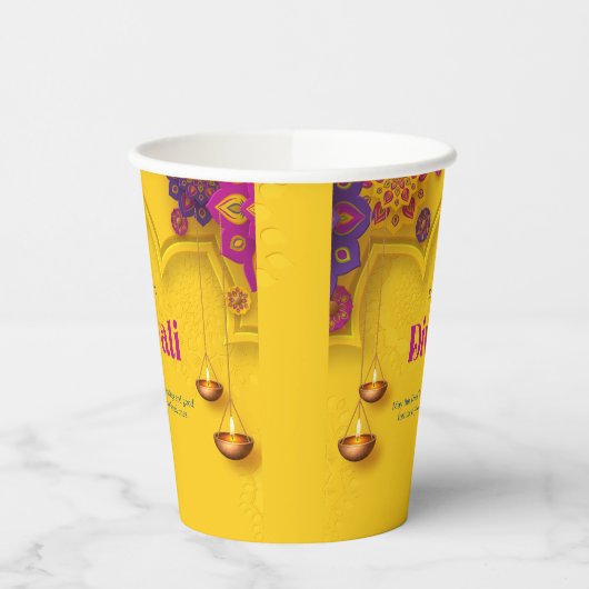 Diwali Groet Geel Paarse Bloemen Gepersonaliseerd Papieren Bekers (Links)