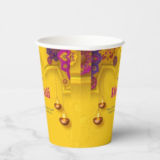 Diwali Groet Geel Paarse Bloemen Gepersonaliseerd Papieren Bekers (Rechts)