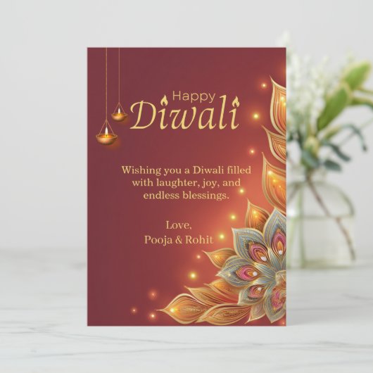 Diwali Holiday Kaart Rood Goud Bloemlampen (Staand voorkant)