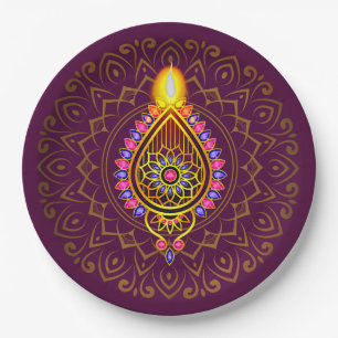 Diwali Jeweled Diya Candle Design Mandala Paars Papieren Bordje