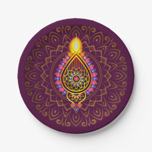 Diwali Jeweled Diya Candle Design Mandala Paars Papieren Bordje