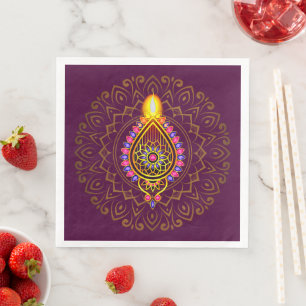 Diwali Jeweled Diya Candle Design Mandala Paars Servet