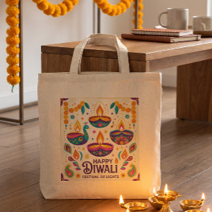 Diwali Levendig Moderne Volkskunst Pauw Diya Tote Bag