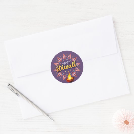 Diwali met deepak ronde sticker (Envelop)