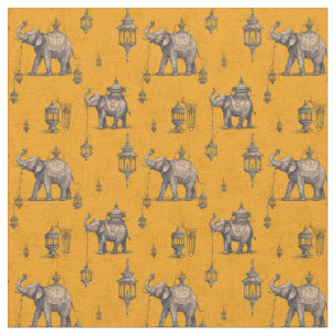 Diwali Olifant in Gouden Veld Toile de Jouy Stof