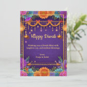 Diwali Paarse Gouden Diwali Lampen Lichtillustrati Kaart (Staand voorkant)