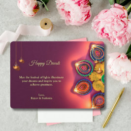 Diwali Paarse Gouden Lamp Diyas Groet Feestdagenkaart