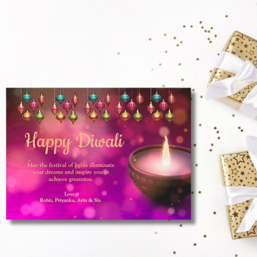 Diwali Paarse gouden mandala lamp groet Feestdagenkaart