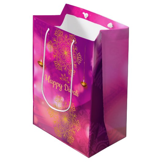 Diwali Paarse gouden mandala lampen Medium Cadeauzakje (Voorkant Gekanteld)