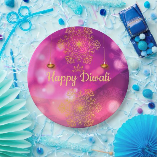 Diwali Paarse gouden mandala lampen Papieren Bordje (Feest)