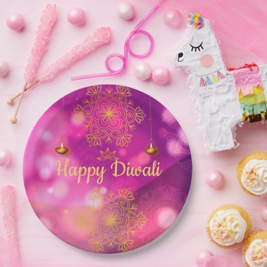 Diwali Paarse gouden mandala lampen Papieren Bordje (Feest)