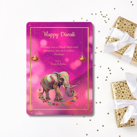 Diwali Paarse gouden olifantslampen Feestdagenkaart