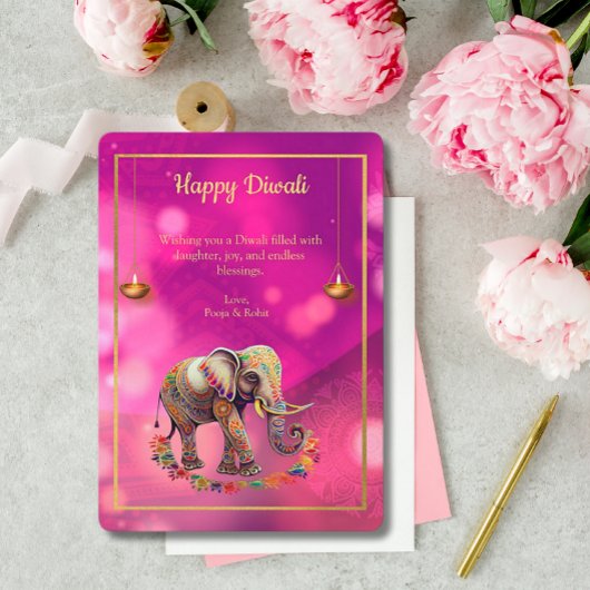 Diwali Paarse gouden olifantslampen Feestdagenkaart