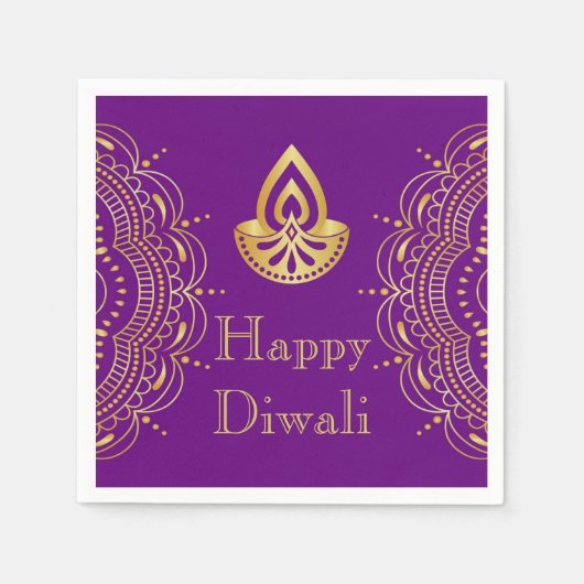 Diwali Papieren servet in Paarse & Gouden Diya (Voorkant)