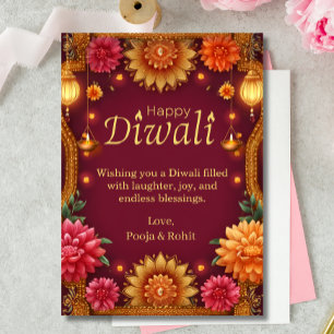 Diwali Red Gold Floral Lamps Kaart