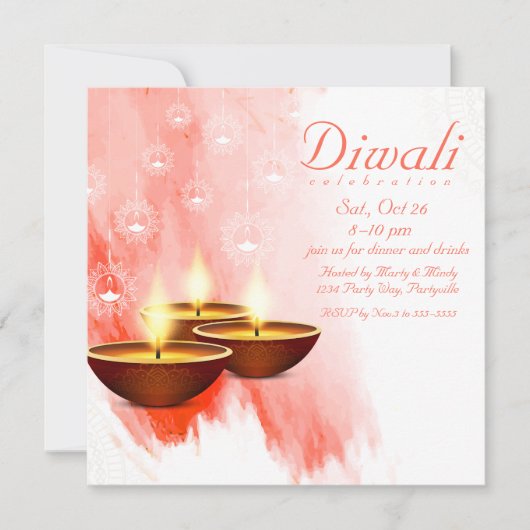 Diwali Red Waterverf met Diyas Kaart (Voorkant)