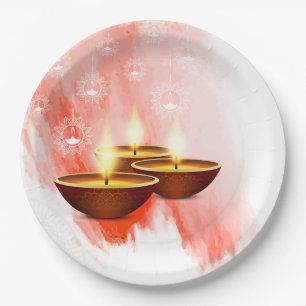 Diwali Red Waterverf met Diyas Papieren Bordje