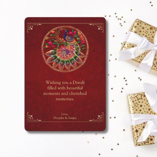 Diwali rood goud kleurrijke pauw feestdagenkaart