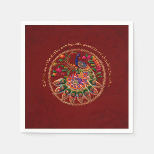 Diwali rood goud kleurrijke pauw gepersonaliseerd servet (Voorkant)