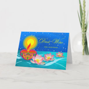Diwali Wensen voor Vriend, Diya Lamp en Lotus Kaart
