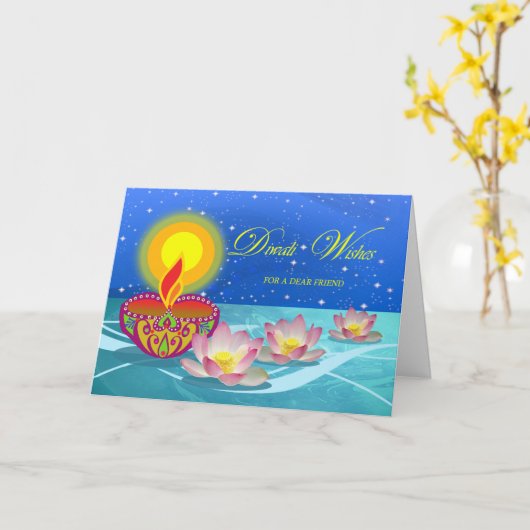 Diwali wil Friend, Diya Lamp en Lotus Kaart (Gele Bloem)