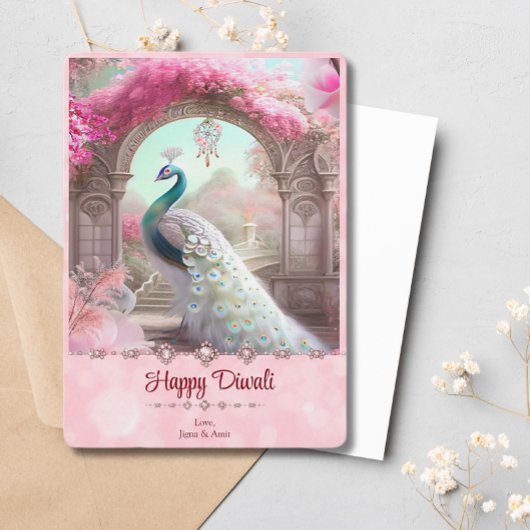 Diwali Witte Peacock Roze Bloemen Groet Feestdagenkaart