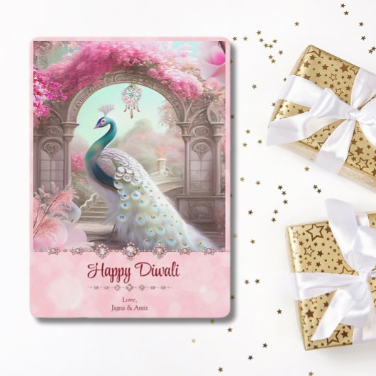 Diwali Witte Peacock Roze Bloemen Groet Feestdagenkaart