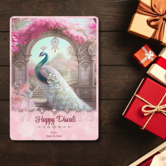 Diwali Witte Peacock Roze Bloemen Groet Feestdagenkaart